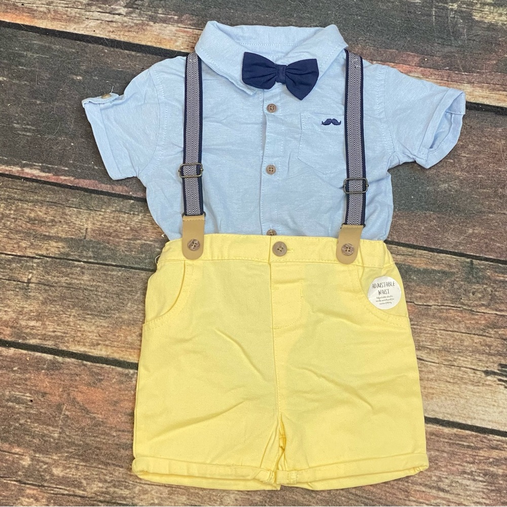 Boys Light Blue Shirt & Yellow Short Set with Navy Bow Tie and Suspenders